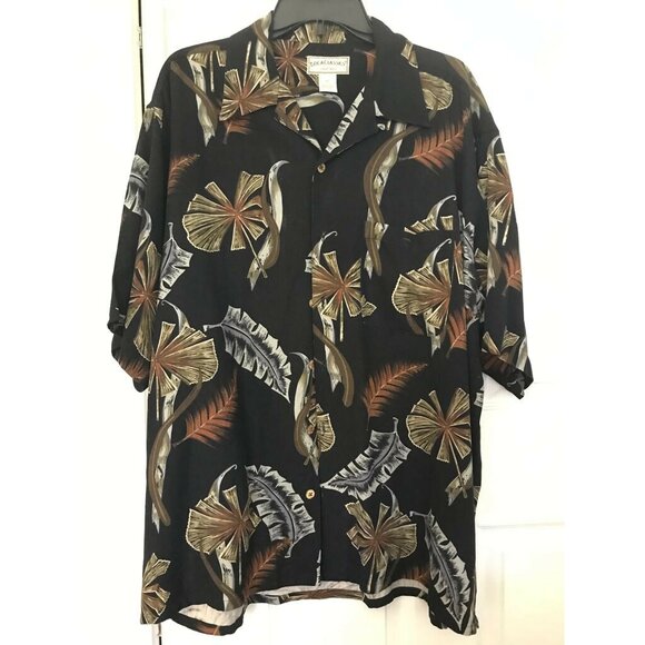 100% Silk Boca Classics Black Brown Palm Leaves Nature Men's Button-Up Shirt XL - Picture 1 of 8